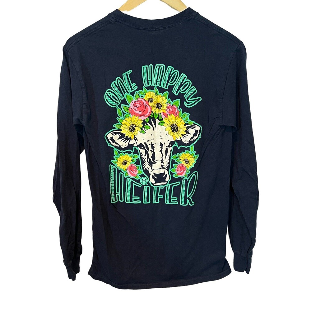 Girlie Girl "One Happy Heffer " Long Sleeve Shirt - Size Small  blue